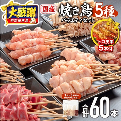 国産若鶏の焼き鳥5種60本バラエティセット【冷凍】計1.74kg+トロ皮5本付き