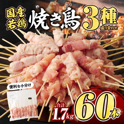 【発送月固定定期便】国産若鶏焼き鳥3種(60本)盛り合わせ(冷凍)※希少部位のトロ皮・カタ入り全5回