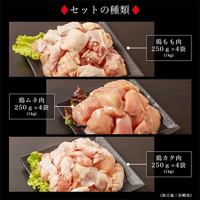 2022年3月発送開始『定期便』宮崎県産鶏肉3種セット(3キロ)小分け・カット済・真空冷凍　全3回