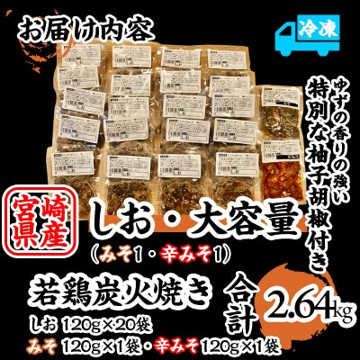 【しお・大容量】冷凍20パック　本場宮崎「小料理ひゅう」宮崎県産若鶏炭火焼+【みそ・辛みそ】2パック