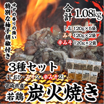 本場宮崎・名店「小料理 ひゅう」宮崎県産若鶏炭火焼【塩・みそ・辛みそ3種】冷凍パック(1.08kg)