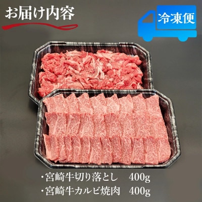 宮崎牛 贅沢2種セット 合計800g カルビ 焼肉 バーベキュー 400g ・ 切り落とし 400g