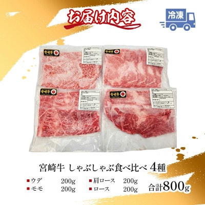 【数量限定】宮崎牛しゃぶしゃぶ食べ比べ4種盛り(ウデ・モモ・肩ロース・ロース)合計800g(宮崎市)