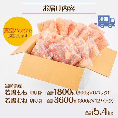宮崎県産 若鶏 もも・むね 切り身 小分けパック 合計5.4kg