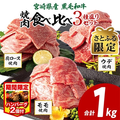 【さとふる限定】宮崎県産黒毛和牛 肩ロース・ウデ・モモ 焼肉用 合計1kg+ハンバーグ200g
