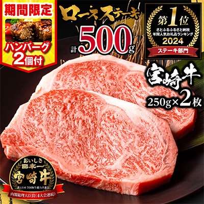宮崎牛ロースステーキ 250g×2枚 計500g+ハンバーグ200g(宮崎市)　牛肉