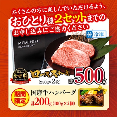 宮崎牛ロースステーキ 250g×2枚 計500g+ハンバーグ200g(宮崎市)　牛肉