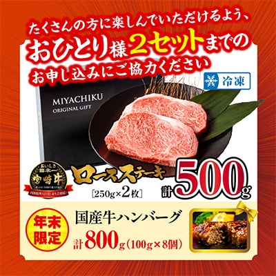 宮崎牛ロースステーキ 250g×2枚 計500g+国産牛ハンバーグ800g(100g×8個)牛肉