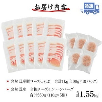 宮崎県産豚ロース1kg&チーズインハンバーグ5個 セット(宮崎市)