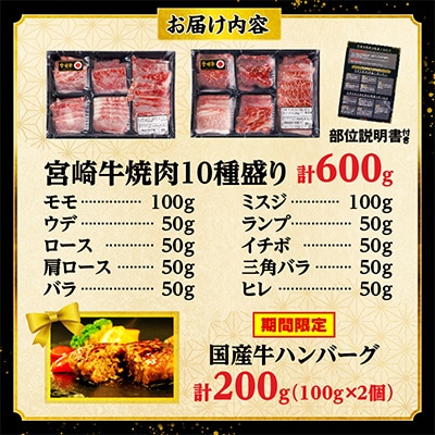宮崎牛 焼肉 10種盛り合わせ 合計600g+ハンバーグ200g 希少部位 贈答用にも
