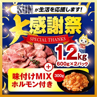 訳あり 厚切り 牛タン 塩味 約1.2kg(宮崎産岩塩使用)+味付けMIXホルモン300g