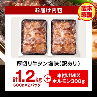 訳あり 厚切り 牛タン 塩味 約1.2kg(宮崎産岩塩使用)+味付けMIXホルモン300g