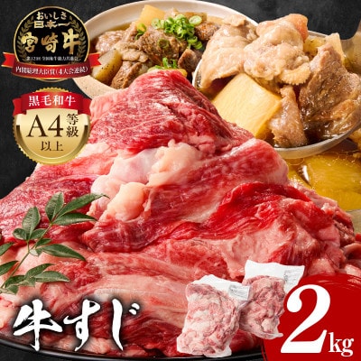 内閣総理大臣4連覇 宮崎牛 A4～A5 黒毛和牛 牛すじ 合計2kg[1kg×2パック] (宮崎市)