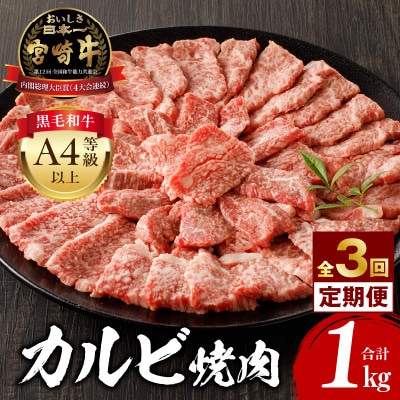 【発送月固定定期便】内閣総理大臣賞4連覇 宮崎牛 A4～A5 牛肉 カルビ焼肉1kg(宮崎市)全3回