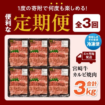 【発送月固定定期便】内閣総理大臣賞4連覇 宮崎牛 A4～A5 牛肉 カルビ焼肉1kg(宮崎市)全3回