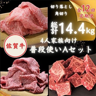 【毎月定期便】4人家族向け 佐賀牛 普段使いセットA(切り落とし・角切り)全12回