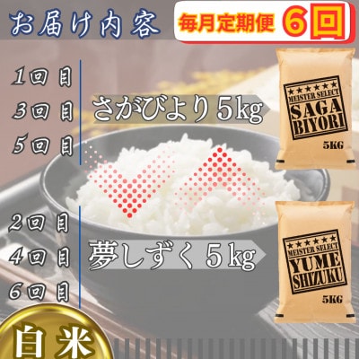 【毎月定期便】食べ比べ白米5kg(さがびより・夢しずく)(江北町)全6回