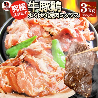 牛豚鶏 スタミナ ミックス焼肉 3kg盛り 秘伝のタレ漬け