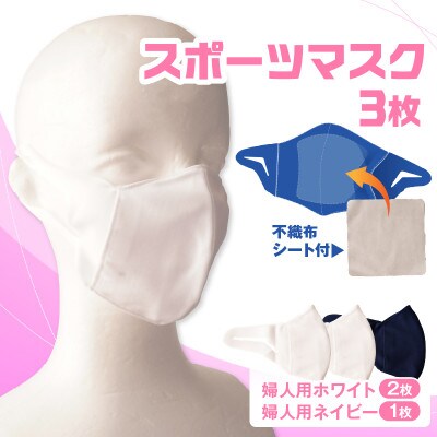 婦人スポーツマスク(伸縮素材使用の日本製マスク) 婦人用ホワイト×2枚+婦人用ネイビー1枚
