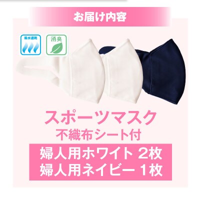 婦人スポーツマスク(伸縮素材使用の日本製マスク) 婦人用ホワイト×2枚+婦人用ネイビー1枚