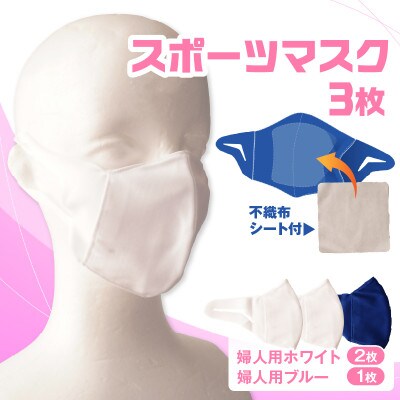 婦人スポーツマスク(伸縮素材使用の日本製マスク) 婦人用ホワイト×2枚+婦人用ブルー1枚