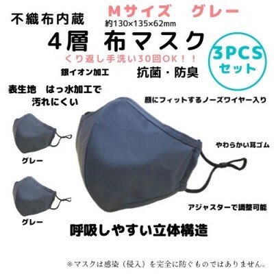 不織布内蔵 4層布マスク Mサイズ グレー3枚セット