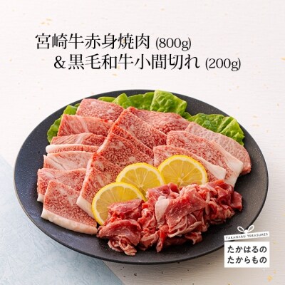 宮崎牛赤身焼肉(ウデ・モモ)800g&黒毛和牛小間切れ200g　特産品番号545