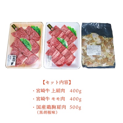 大満足焼肉Pセット 1.3kg[宮崎牛 味付鶏肩肉] km580