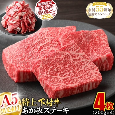 【期間限定】大府特産A5黒毛和牛下村牛特上あかみステーキ4枚800g入+切り落とし250g付