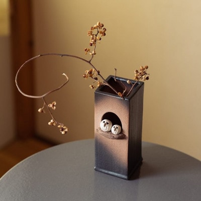 信楽焼・明山の　ふくろうペア角花入　hc-21