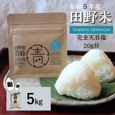 ★令和5年産 新米★田野米 5kg+田野屋青蜂 完全天日塩 20gセット～精米・白米～