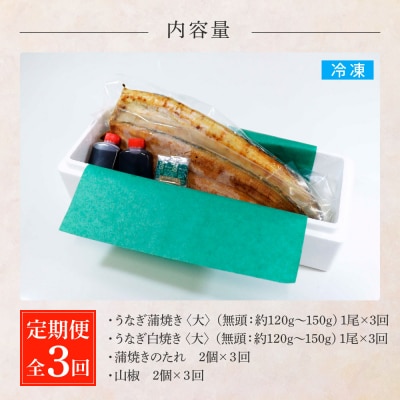 田野町産うなぎの蒲焼き(大)+うなぎの白焼き(大) 各1尾×3回 定期便