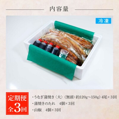 田野町産うなぎの蒲焼き(大) 4尾×3回 定期便 3ヶ月 定期コース 1尾あたり120～150g