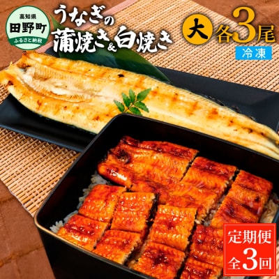 田野町産うなぎの蒲焼き(大)+うなぎの白焼き(大) 各3尾×3回 定期便 3ヶ月