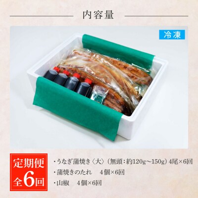 田野町産うなぎの蒲焼き(大) 4尾×6回 定期便 6ヶ月 定期コース 1尾あたり120～150g
