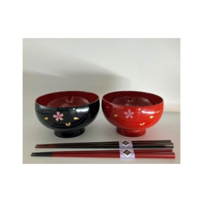 川連漆器　福汁椀　夫婦桜　塗分け箸セット[H5-5401]