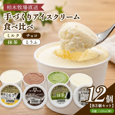 【柏木牧場直送】 手づくりアイスクリーム食べ比べ 12個セット (4種 各3個・120ml/個)