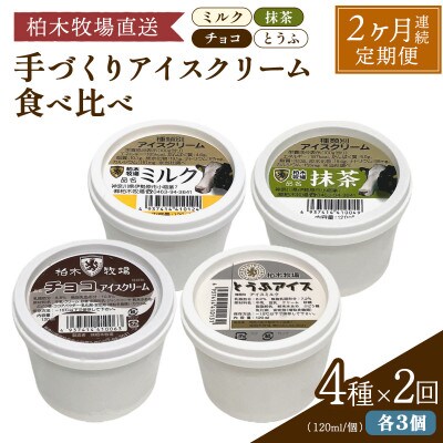【毎月定期便】柏木牧場 手づくりアイスクリーム食べ比べ 計24個 (4種 各3個/回)全2回