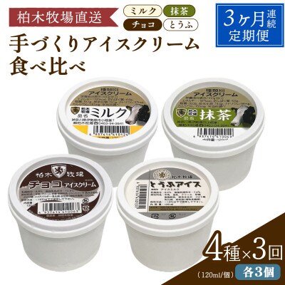 【毎月定期便】柏木牧場 手づくりアイスクリーム食べ比べ 計36個 (4種 各3個/回)全3回