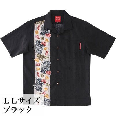 【マンゴハウスのかりゆしウェア】メンズ　LLサイズ　ブラック　やちむん うふシーサー　251159