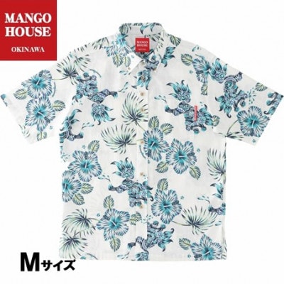 【かりゆしウェア】メンズ　Mサイズ　アイボリー　スプラッシュシーサー(ボタンダウン)252078