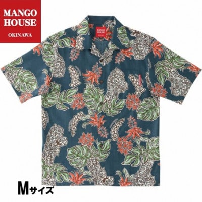 【マンゴハウスのかりゆしウェア】メンズ　Mサイズ　ネイビー　龍柱デイゴ　251161