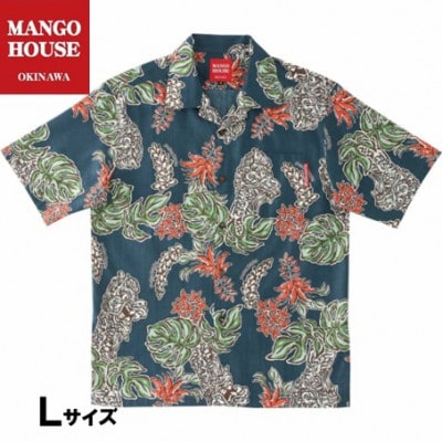 【マンゴハウスのかりゆしウェア】メンズ　Lサイズ　ネイビー　龍柱デイゴ　251161