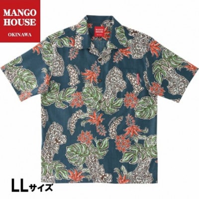 【マンゴハウスのかりゆしウェア】メンズ　LLサイズ　ネイビー　龍柱デイゴ　251161
