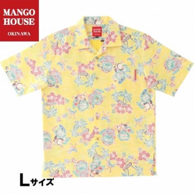 【マンゴハウスのかりゆしウェア】メンズ　Lサイズ　イエロー　あっちゃめシーサー　251162