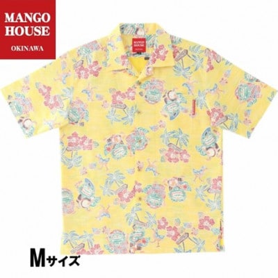 【マンゴハウスのかりゆしウェア】メンズ　Mサイズ　イエロー　あっちゃめシーサー　251162