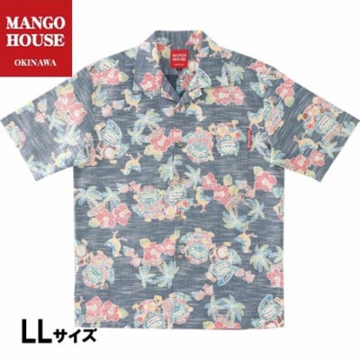 【マンゴハウスのかりゆしウェア】メンズ　LLサイズ　ネイビー　あっちゃめシーサー　251162