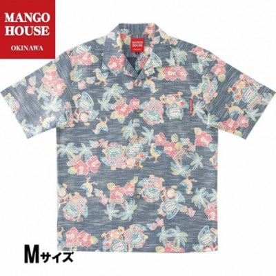 【マンゴハウスのかりゆしウェア】メンズ　Mサイズ　ネイビー　あっちゃめシーサー　251162