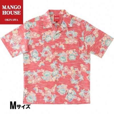 【マンゴハウスのかりゆしウェア】メンズ　Mサイズ　レッド　あっちゃめシーサー　251162