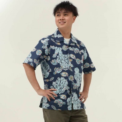【マンゴハウスのかりゆしウェア】メンズ　3Lサイズ　ネイビー　おきなわサマースノー　251171